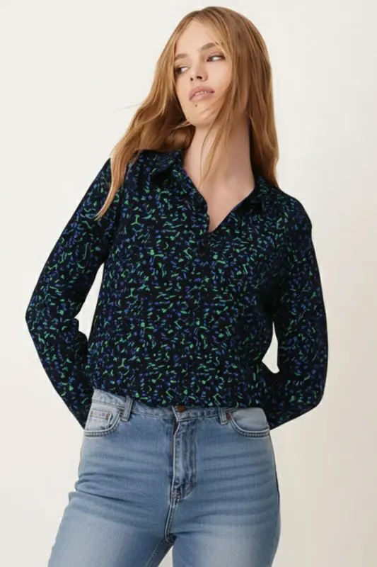 Kadın Yeşil-Mavi Desenli Uzun Kol Gömlek ARM-22K001123-Yeşil - 1