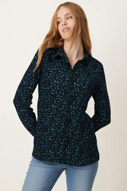 Kadın Yeşil-Mavi Desenli Uzun Kol Gömlek ARM-22K001123-Yeşil - 2