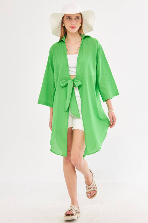 Kadın Yeşil Önden Bağlamalı İnce Keten Kumaş Midi Boy Kimono Gömlek ARM-24Y001081 - Yeşil - 7