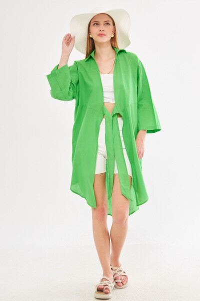 Kadın Yeşil Önden Bağlamalı İnce Keten Kumaş Midi Boy Kimono Gömlek ARM-24Y001081 - Yeşil - 10