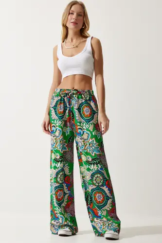 Kadın Yeşil Oranj Desenli Dökümlü Viskon Palazzo Pantolon EN00606-Yeşil Oranj - 3