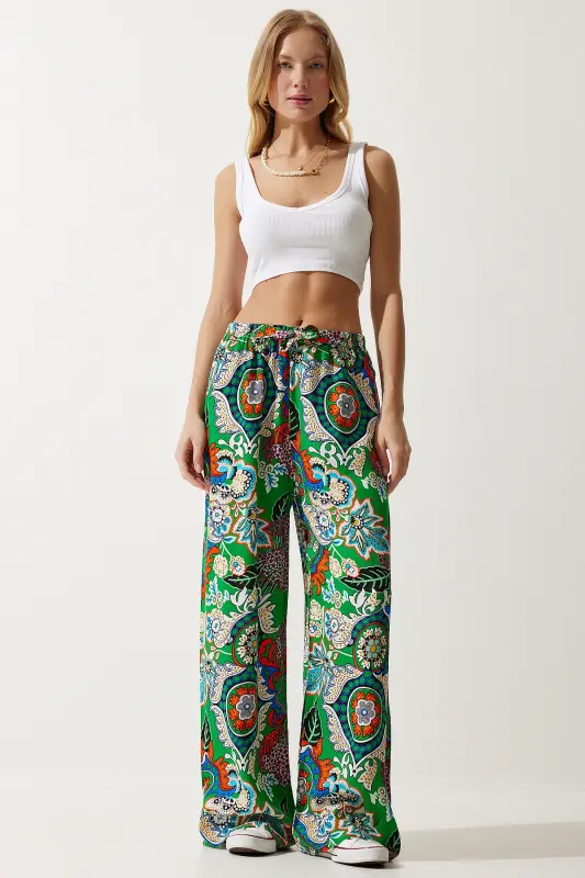 Kadın Yeşil Oranj Desenli Dökümlü Viskon Palazzo Pantolon EN00606-Yeşil Oranj - 2