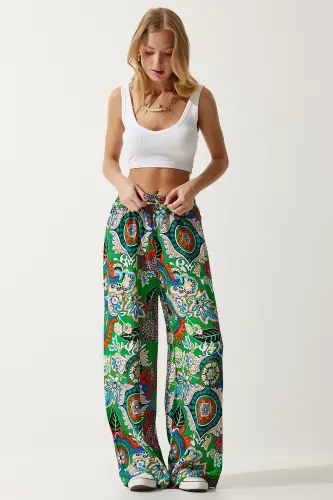 Kadın Yeşil Oranj Desenli Dökümlü Viskon Palazzo Pantolon EN00606-Yeşil Oranj - 4
