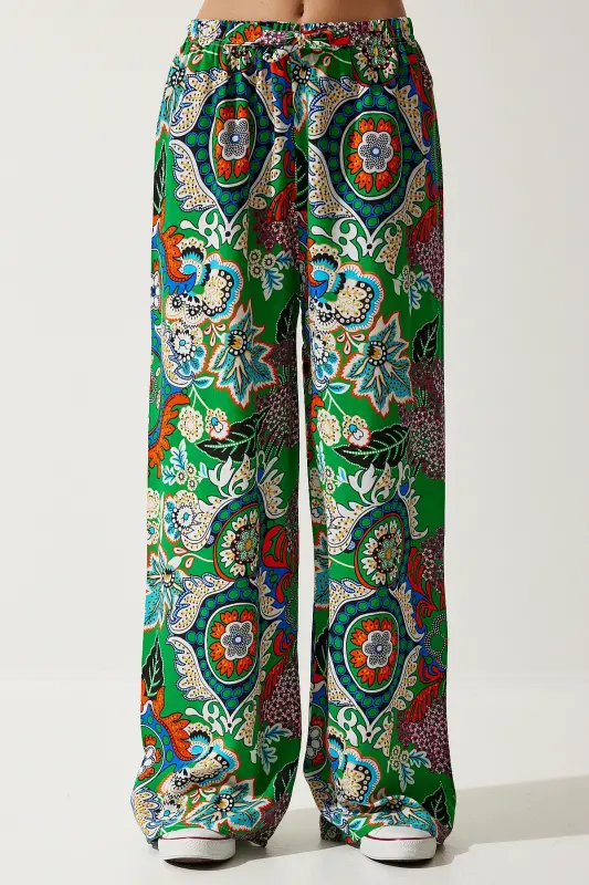 Kadın Yeşil Oranj Desenli Dökümlü Viskon Palazzo Pantolon EN00606-Yeşil Oranj - 5