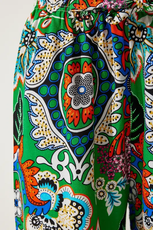 Kadın Yeşil Oranj Desenli Dökümlü Viskon Palazzo Pantolon EN00606-Yeşil Oranj - 6