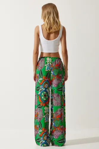 Kadın Yeşil Oranj Desenli Dökümlü Viskon Palazzo Pantolon EN00606-Yeşil Oranj - 7