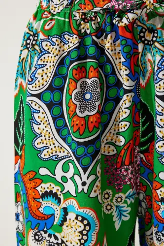 Kadın Yeşil Oranj Desenli Dökümlü Viskon Palazzo Pantolon EN00606-Yeşil Oranj - 6