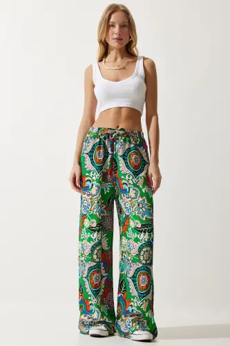 Kadın Yeşil Oranj Desenli Dökümlü Viskon Palazzo Pantolon EN00606-Yeşil Oranj - HAPPINESS İSTANBUL (1)