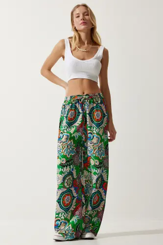 Damen Palazzo-Hose aus Viskose mit grün-orangem Muster EN00606 - Grün Orange 