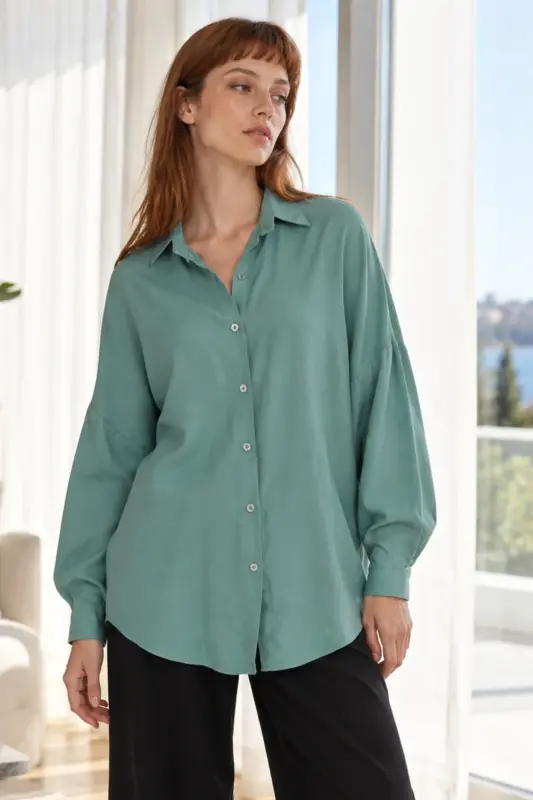Kadın Yeşil Oversize Uzun Basic Gömlek ARM-22Y001118 - Yeşil - 1