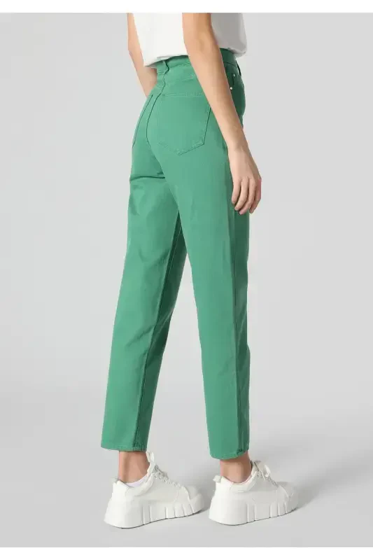 Regular Fit Yüksek Bel Düz Paça Kadın Yeşil Pantolon - 2