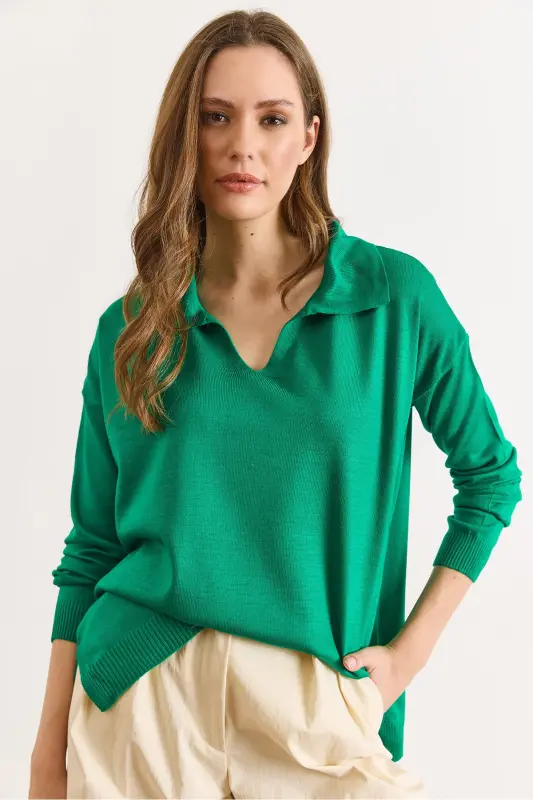 Kadın Yeşil Polo Yaka Basic Triko Kazak KZK-19000871-Yeşil - 6