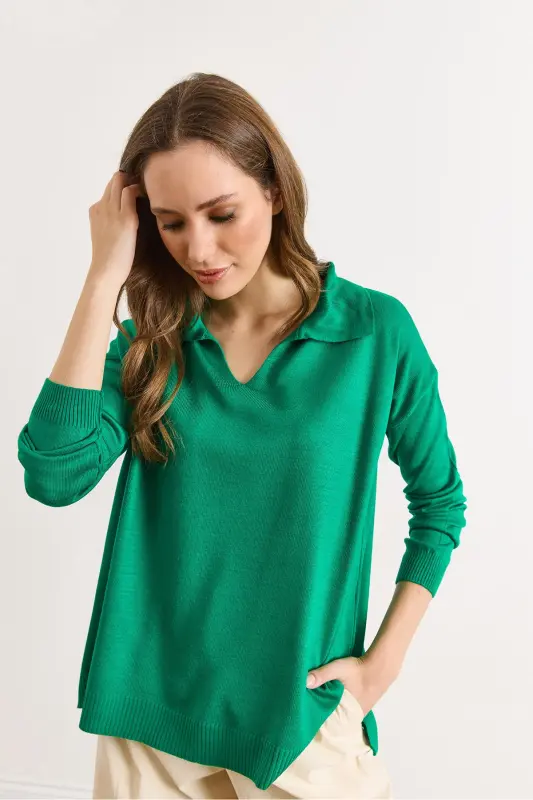 Kadın Yeşil Polo Yaka Basic Triko Kazak KZK-19000871-Yeşil - 4