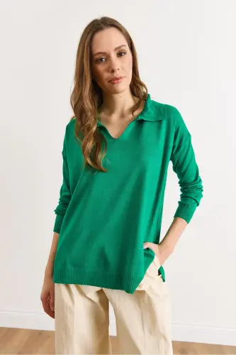 Kadın Yeşil Polo Yaka Basic Triko Kazak KZK-19000871-Yeşil - 5