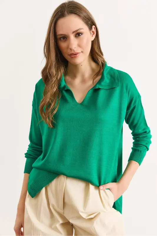 Kadın Yeşil Polo Yaka Basic Triko Kazak KZK-19000871 - Yeşil - OLALOOK