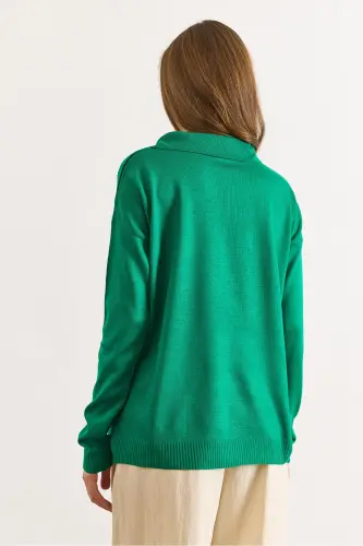 Kadın Yeşil Polo Yaka Basic Triko Kazak KZK-19000871 - Yeşil - OLALOOK (1)