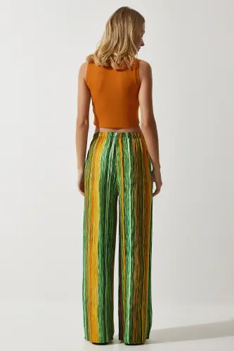 Kadın Yeşil Sarı Desenli Dökümlü Viskon Palazzo Pantolon EN00606-Yeşil Sarı - 3