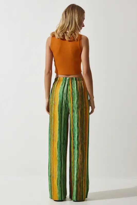 Kadın Yeşil Sarı Desenli Dökümlü Viskon Palazzo Pantolon EN00606-Yeşil Sarı - 3