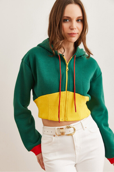 Kadın Yeşil Sarı Renk Detaylı Şardonlu Fermuarlı Crop SweatshirtSWT-19000707 - 2