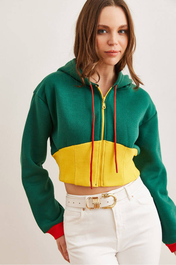 Kadın Yeşil Sarı Renk Detaylı Şardonlu Fermuarlı Crop SweatshirtSWT-19000707 - 2