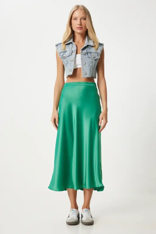 Kadın Yeşil Saten Yüzeyli Etek FN03361-Yeşil - 2