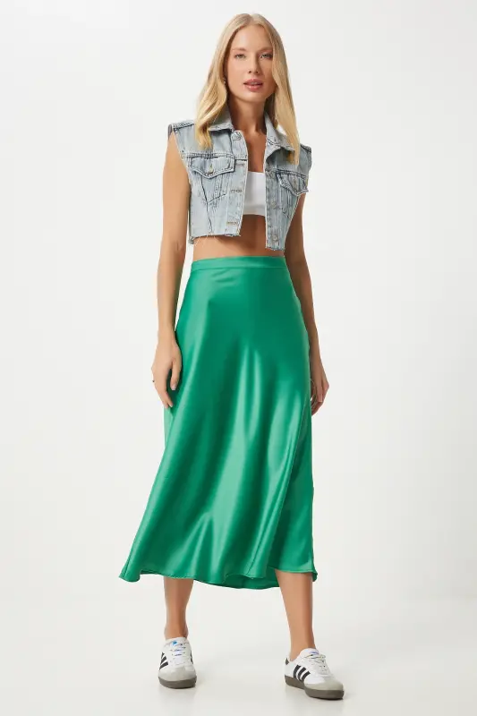 Kadın Yeşil Saten Yüzeyli Etek FN03361-Yeşil - 1