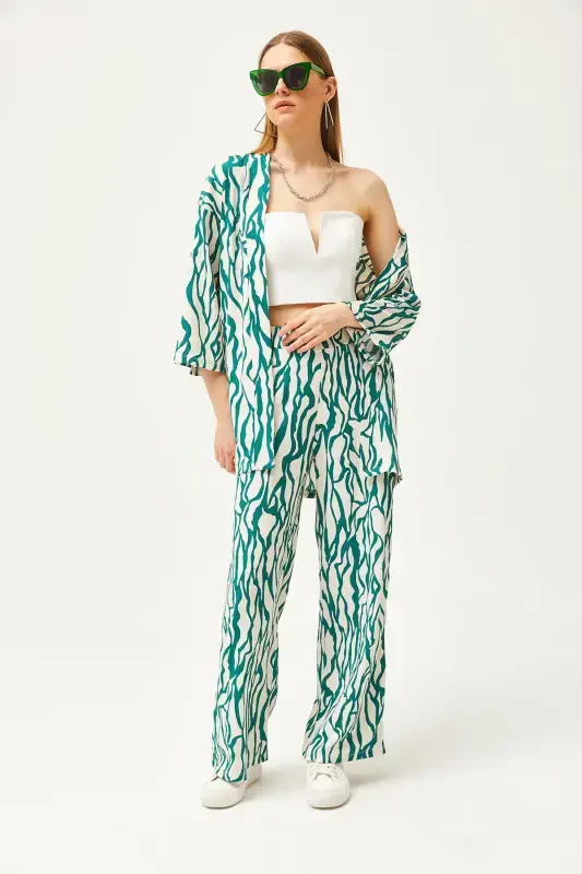Kadın Yeşil Üst Kimono Alt Cepli Pantolon Takım TKM-19000276-Yeşil - 3