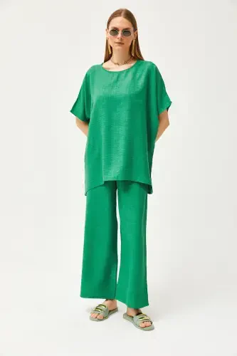 Kadın Yeşil Üst Salaş Bluz Alt Cepli Palazzo Keten İçerikli Takım TKM-19000266-Yeşil - 2