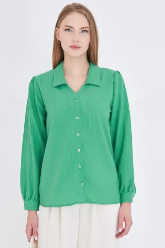 Kadın Yeşil V Yaka Balon Kol Bürümcük Gömlek ARM-25K001088 - Yeşil - 5