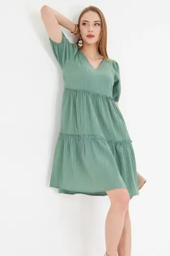 Kadın Yeşil V Yaka Kısa Kol Fırfırlı Elbise ARM-25Y001049-Yeşil - 1