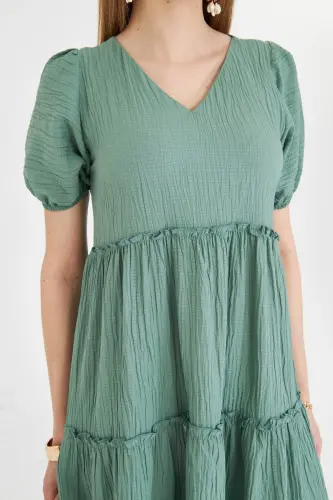Kadın Yeşil V Yaka Kısa Kol Fırfırlı Elbise ARM-25Y001049-Yeşil - 3