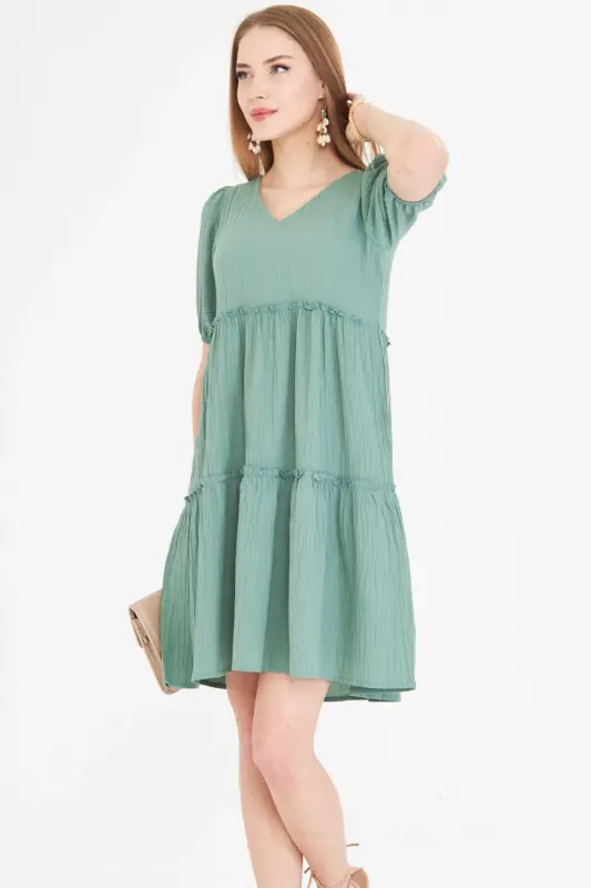 Kadın Yeşil V Yaka Kısa Kol Fırfırlı Elbise ARM-25Y001049-Yeşil - 4