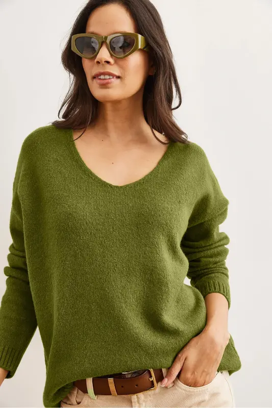 Kadın Yeşil V Yaka Yumuşak Dokulu Triko Kazak KZK-19000598-Yeşil - 4