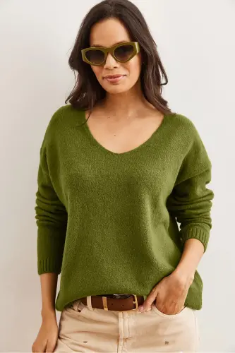 Kadın Yeşil V Yaka Yumuşak Dokulu Triko Kazak KZK-19000598-Yeşil - 5