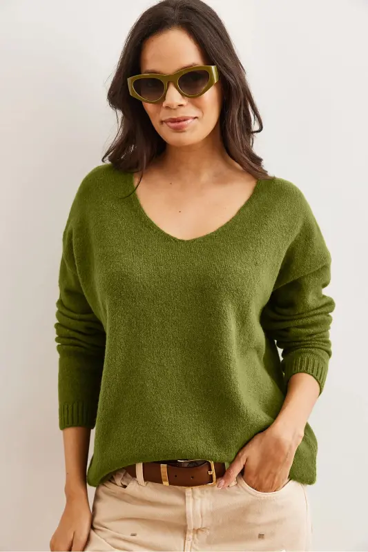 Kadın Yeşil V Yaka Yumuşak Dokulu Triko Kazak KZK-19000598-Yeşil - 5