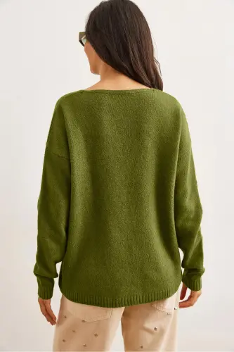 Kadın Yeşil V Yaka Yumuşak Dokulu Triko Kazak KZK-19000598-Yeşil - 6