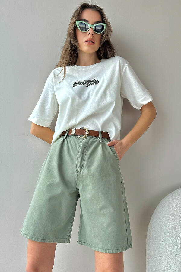 Kadın Yeşil Yüksek Bel Wide Leg Bermuda Denim Şort ALC-X8174-Yeşil - 1