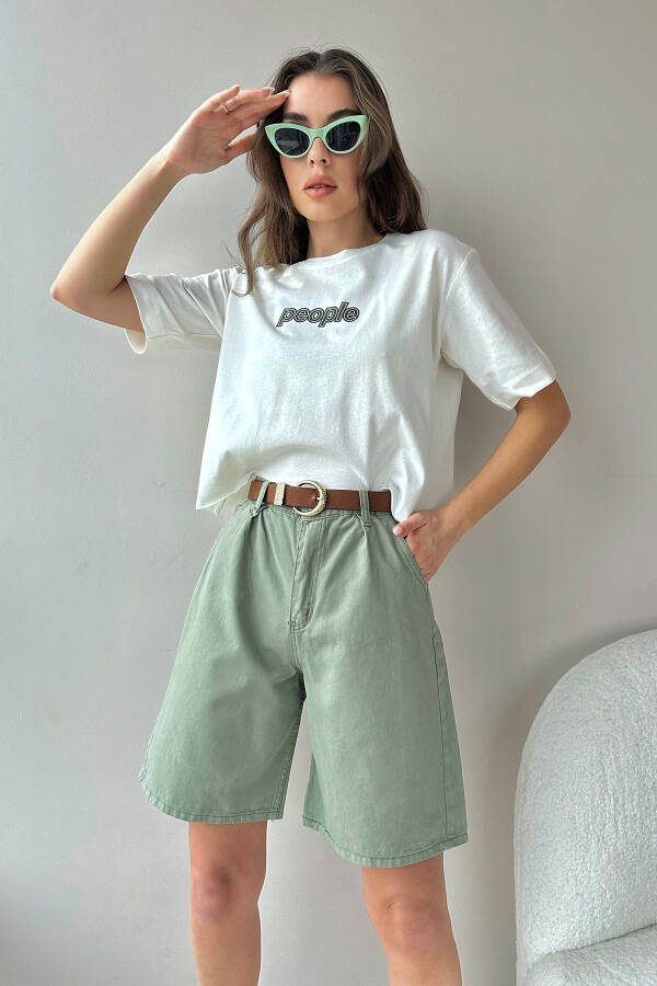 Kadın Yeşil Yüksek Bel Wide Leg Bermuda Denim Şort ALC-X8174-Yeşil - 3