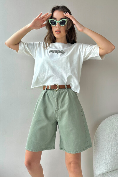Kadın Yeşil Yüksek Bel Wide Leg Bermuda Denim Şort ALC-X8174-Yeşil - 4