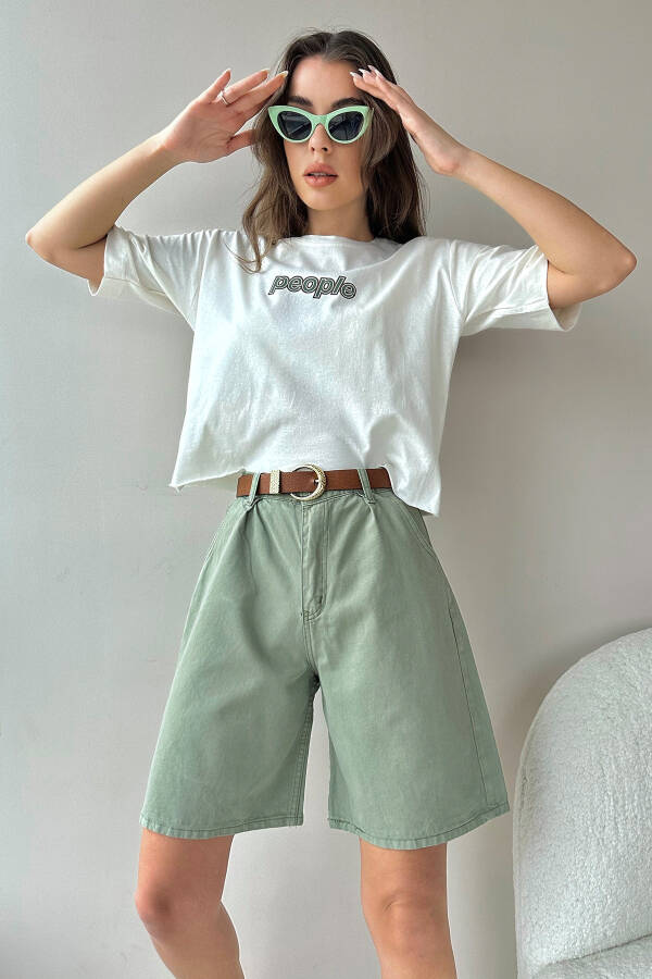 Kadın Yeşil Yüksek Bel Wide Leg Bermuda Denim Şort ALC-X8174-Yeşil - 4