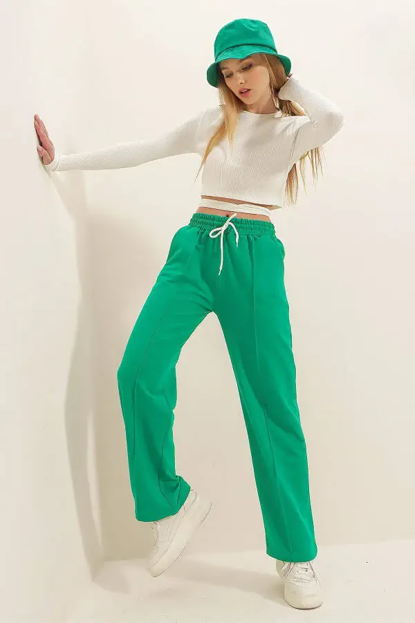 Kadın Yeşil Yüksek Bel Önü Çimalı Bol Paça Çift Cepli Eşofman Altı ALC-X7957-YEŞİL - 2