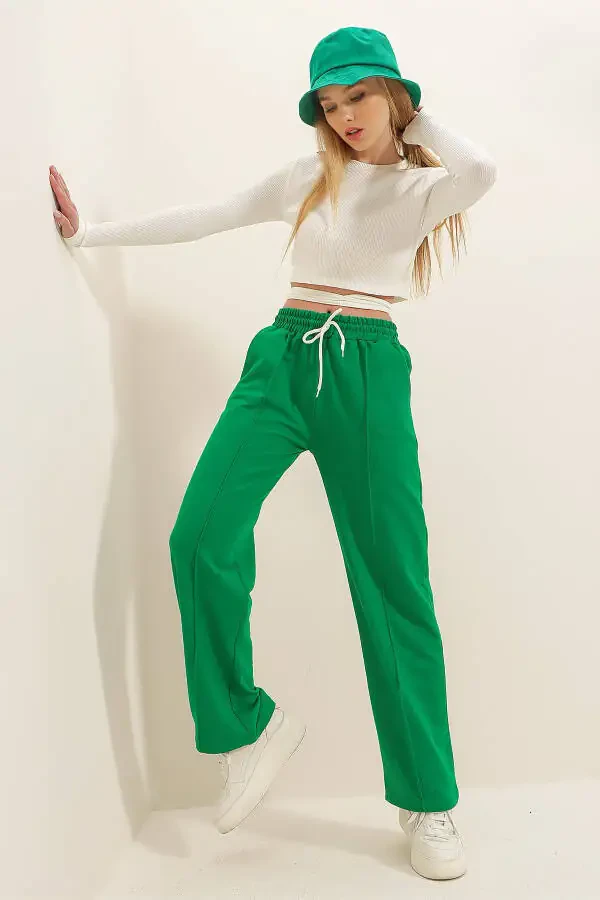 Kadın Yeşil Yüksek Bel Önü Çimalı Bol Paça Çift Cepli Eşofman Altı ALC-X7957-YEŞİL - 7