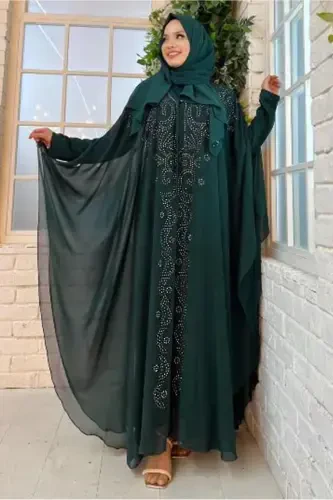 KADIN YEŞİL (ZÜMRÜT) İŞLEMELİ TÜLLÜ İKİLİ FERACE TAKIM T 6773-YEŞİL (ZÜMRÜT) - TRENDTESETTÜR (1)