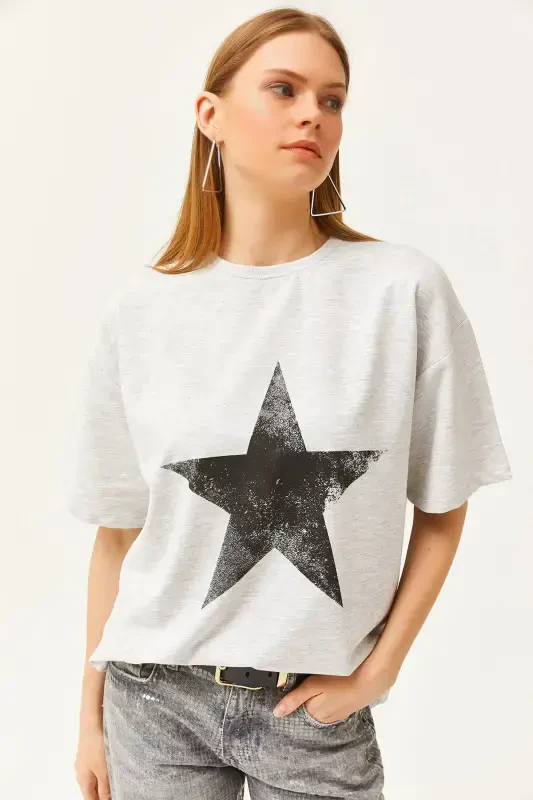Kadın Yıldız Gri Ön Arka Baskılı 2 iplik Unisex Oversize Tişört TSH-19000696-Yıldız Gri - OLALOOK
