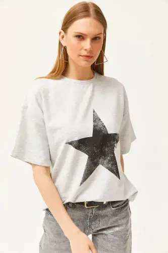 Kadın Yıldız Gri Ön Arka Baskılı 2 iplik Unisex Oversize Tişört TSH-19000696-Yıldız Gri - OLALOOK (1)