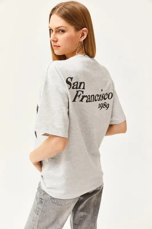 Kadın Yıldız Gri Ön Arka Baskılı 2 iplik Unisex Oversize Tişört TSH-19000696 - Yıldız Gri - 6
