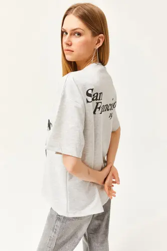 Kadın Yıldız Gri Ön Arka Baskılı 2 iplik Unisex Oversize Tişört TSH-19000696 - Yıldız Gri - 7
