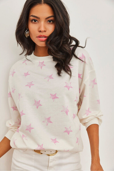 Kadın Yıldız Pembe Basic Yumuşak Dokulu Salaş Sweatshirt SWT-19000457-Yıldız Pembe 