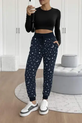 Kadın Yüksek Bel Bağcıklı Desenli Iki Iplik Pantolon - 4