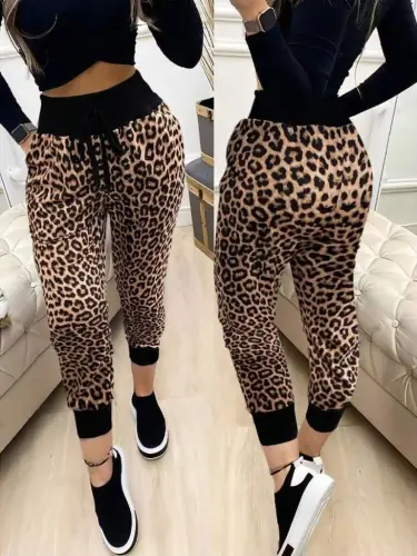 Kadın Yüksek Bel Bağcıklı Desenli Iki Iplik Pantolon - 1